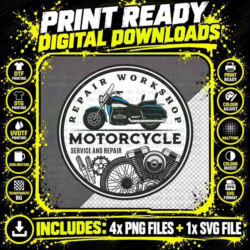 Repair Workshop Motorcycle Service and Circle Vintage Png SVG Digital Bundle