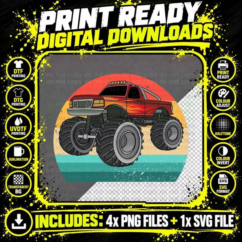 Retro Monster Truck Design for Men Women Boys Girls Png SVG Digital Bundle