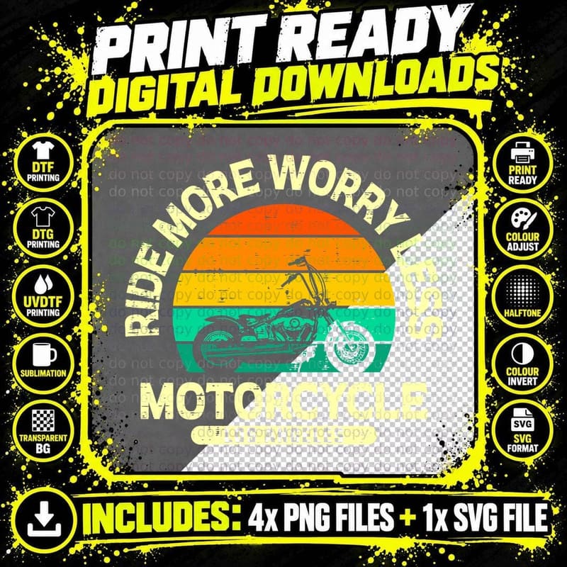 Ride Worry Motorcycle More Less Los Angeles Rainbow Png SVG Digital Bundle