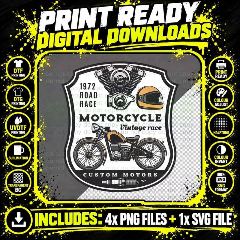 Road Race Vintage Motorcycle Custom Motors 1972 T-Shirt Png SVG Digital Bundle