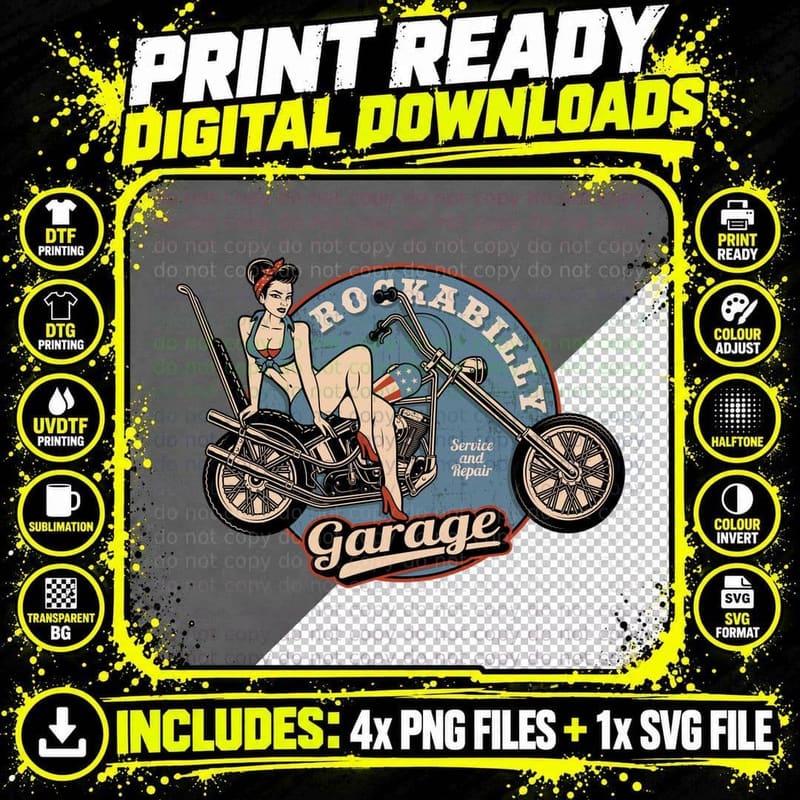 Rockabilly Garage Pin-Up Girl Motorcycle Vintage T-Shirt Png SVG Digital Bundle