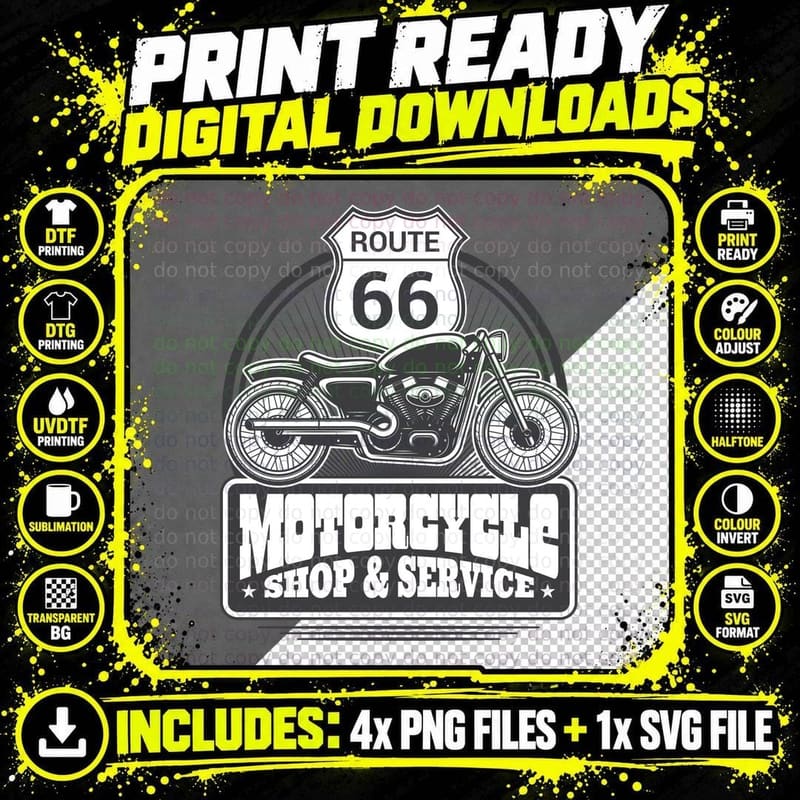 Route 66 Motors Motorcycle Shop Service Vintage Retro Png SVG Digital Bundle