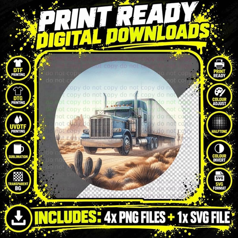 Semi Truck Desert Landscape Hauling T-Shirt Png SVG Digital Bundle