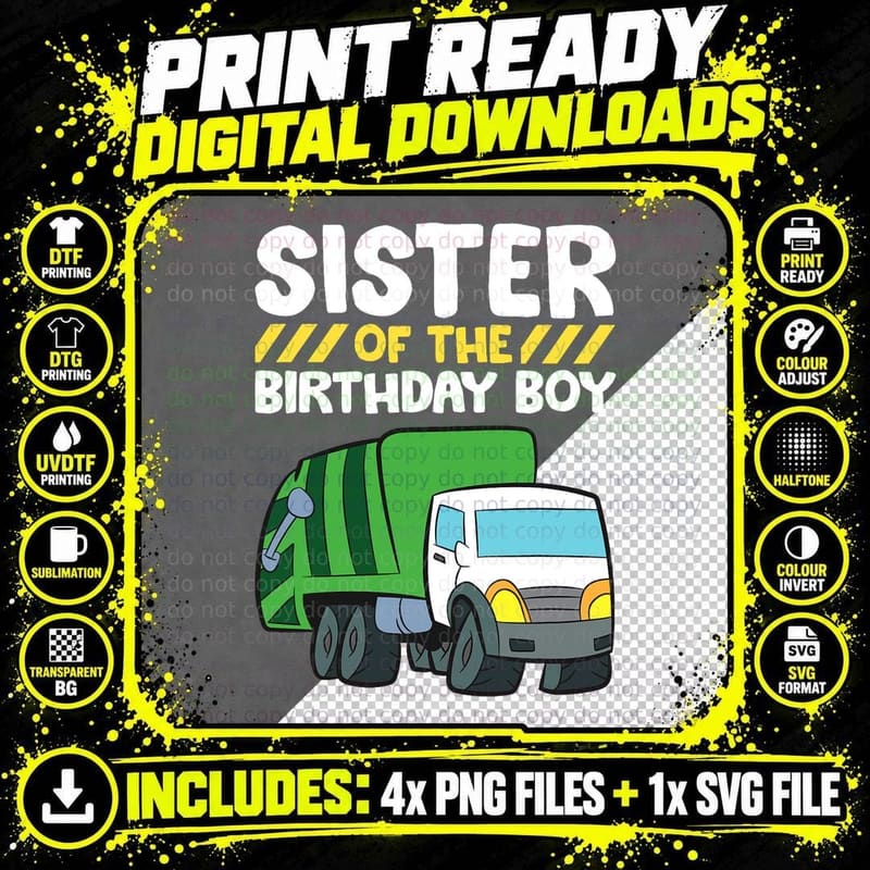 Sister of the Birthday Boy Garbage Truck Birthday Party Png SVG Digital Bundle