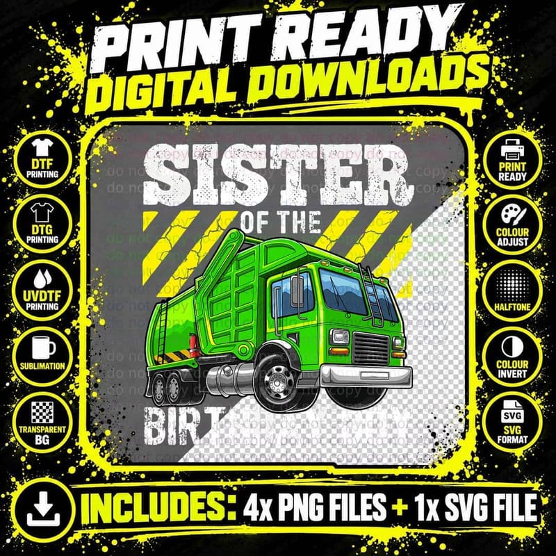Sister of the Birthday Boy Matching Garbage Truck Party Png SVG Digital Bundle