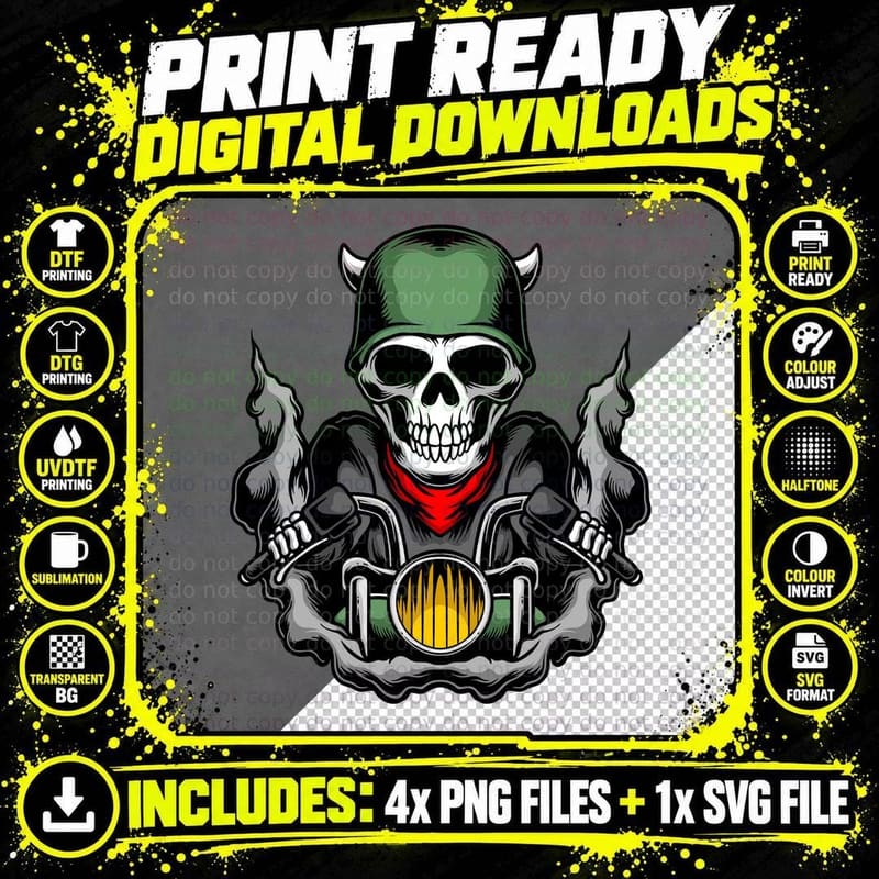 Skull Biker Helmet Motorcycle Flames Green T-Shirt Png SVG Digital Bundle