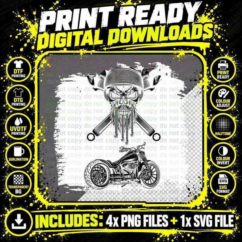 Skull Biker with Beard and Motorcycle T-Shirt Png SVG Digital Bundle