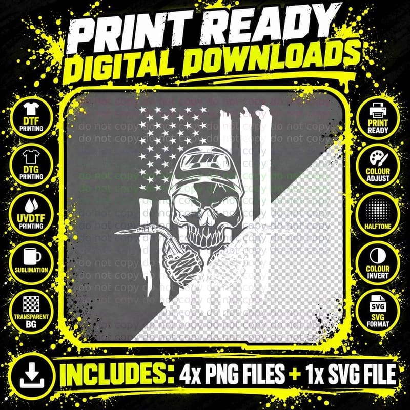 Skull Holding Motorcycle Handlebars Against Welder Png SVG Digital Bundle