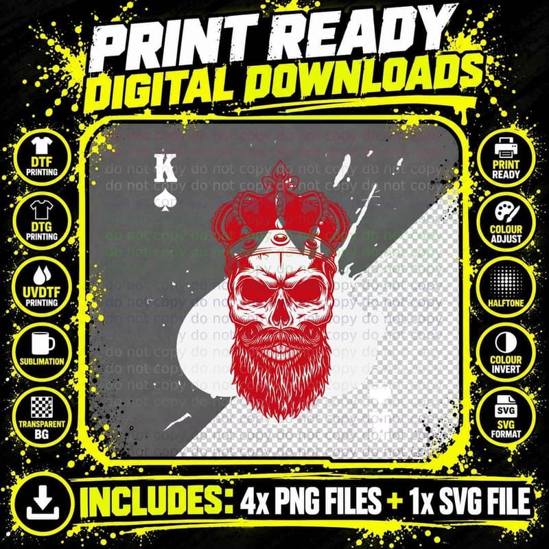 Skull King of Spades Bearded Skull Poker Card Game Biker Png SVG Digital Bundle