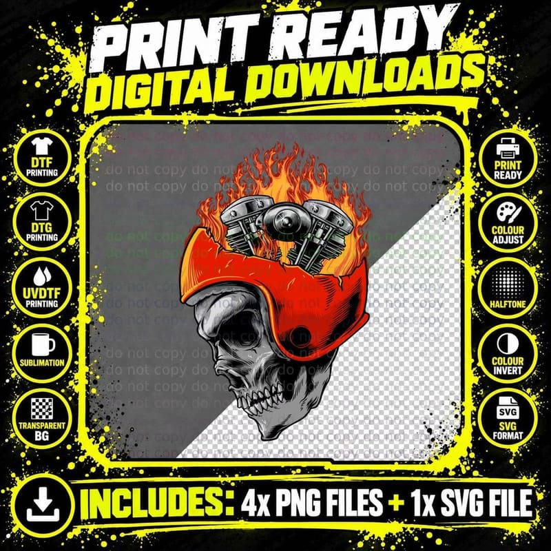 Skull Rider Biker Motorcycle Red Helmet Flames T-Shirt Png SVG Digital Bundle