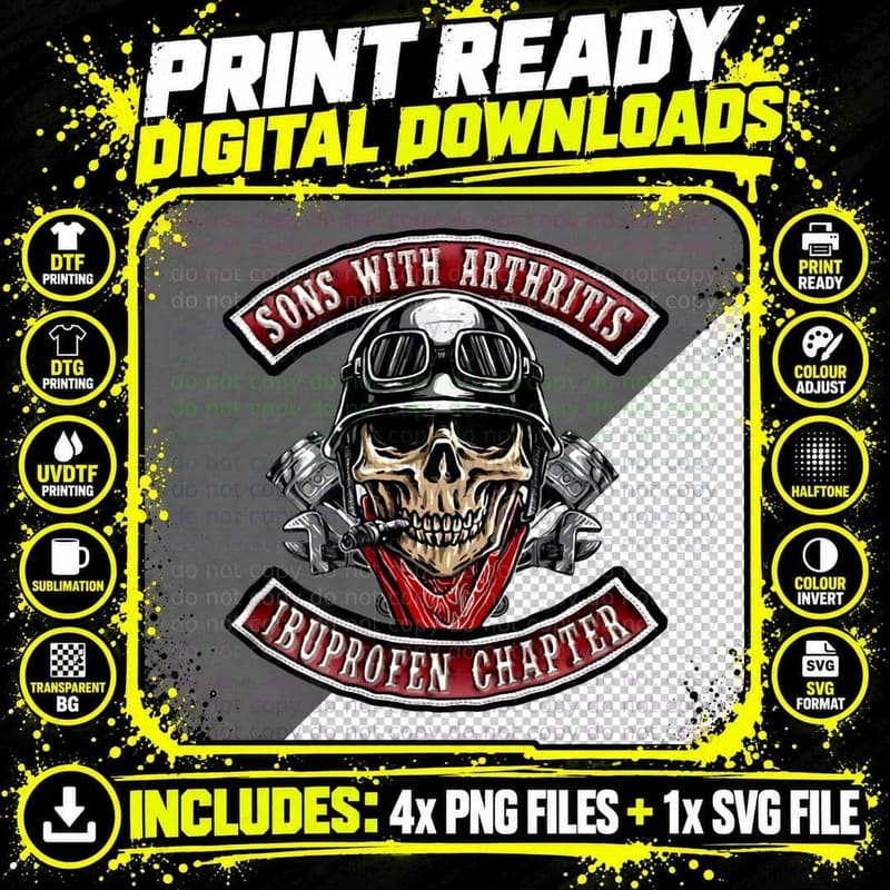 Sons with Arthritis Ibuprofen Chapter Funny Biker Skull Png SVG Digital Bundle