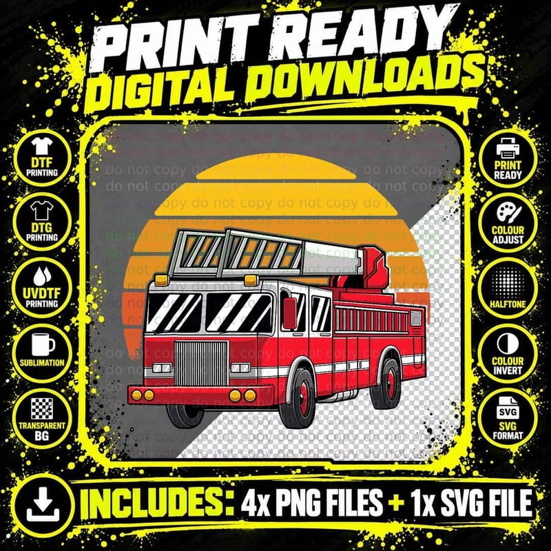 Thin Red Line Firefighter Fire Truck Retro Sunset 80s Png SVG Digital Bundle