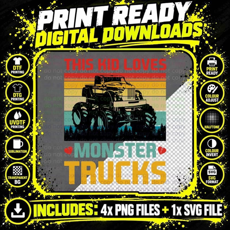 This Kid Loves Monster Trucks Trucker T-Shirt Png SVG Digital Bundle