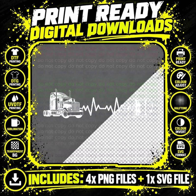Truck Driver - Heartbeat EKG Funny Big Trucking Trucker Png SVG Digital Bundle