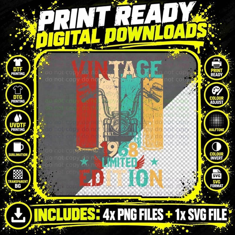 Vintage 1968 Limited Edition Motorcycle T-Shirt Png SVG Digital Bundle
