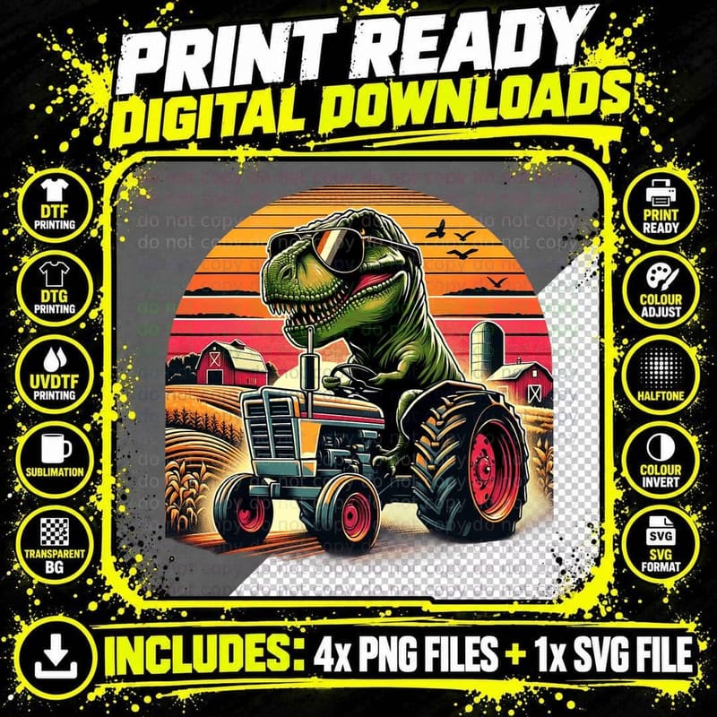 Vintage Dinosaur Driving Riding Dino Driver Farm Tractor Png SVG Digital Bundle
