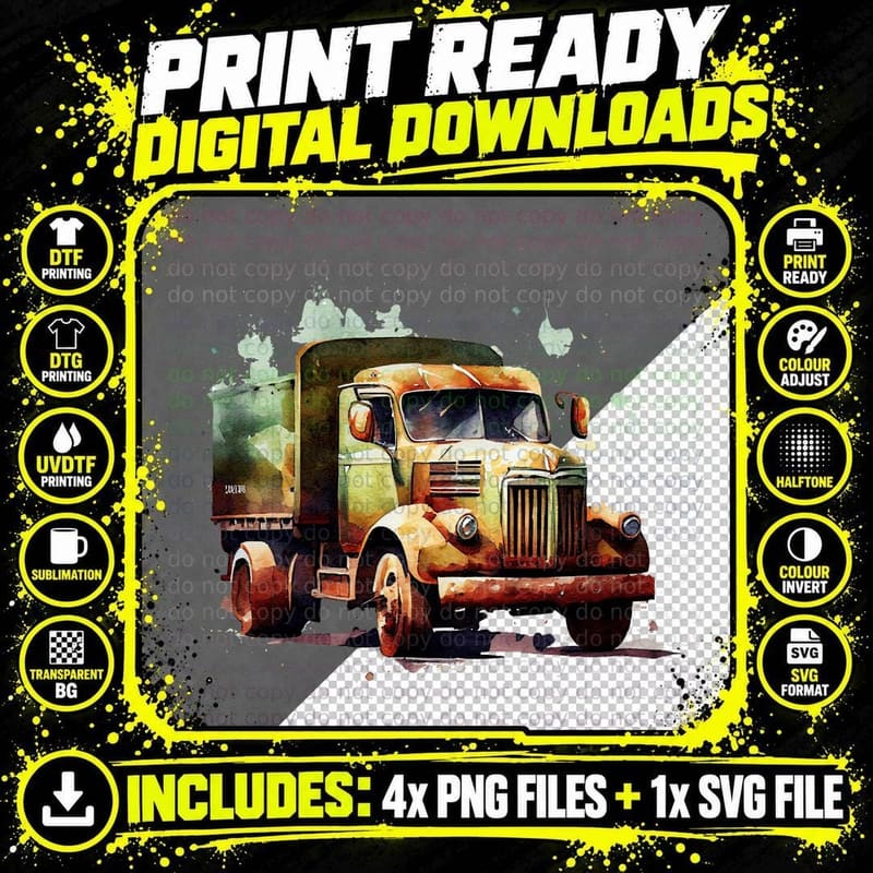 Vintage Truck Watercolor Art Trucker Design T-Shirt Png SVG Digital Bundle