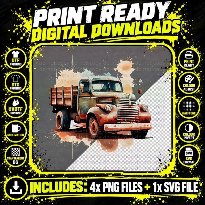 Vintage Truck Watercolor Art Trucker T-Shirt Png SVG Digital Bundle