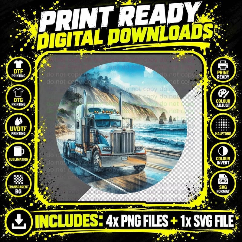 White Semi Truck Beach Ocean Coastal T-Shirt Png SVG Digital Bundle