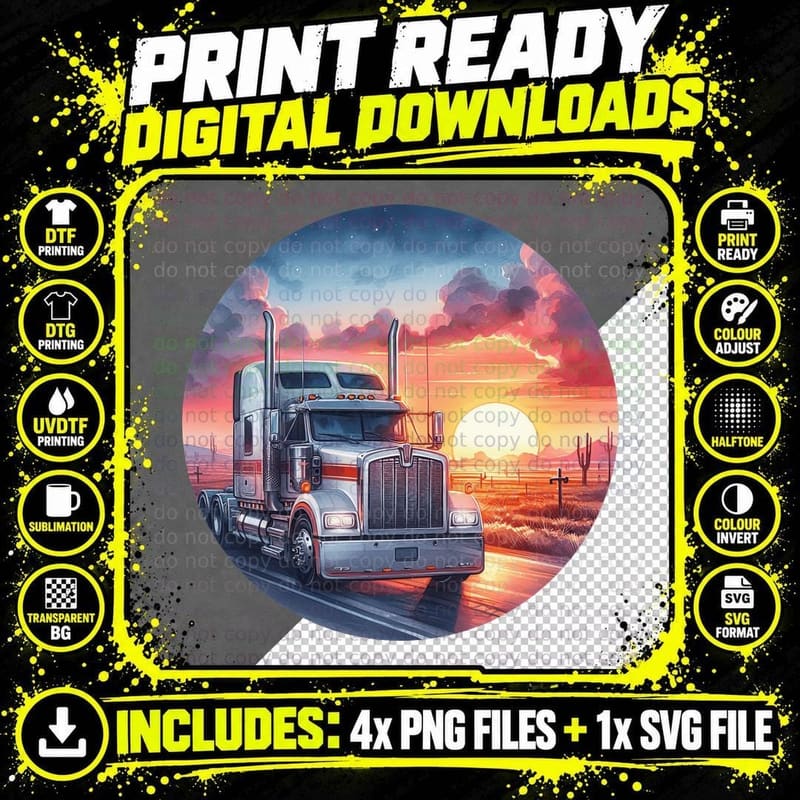 White Semi Truck Desert Sunset Landscape T-Shirt Png SVG Digital Bundle