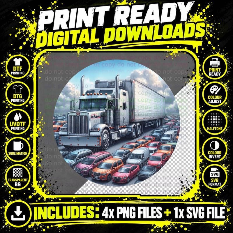 White Semi Truck Highway Cars Traffic T-Shirt Png SVG Digital Bundle