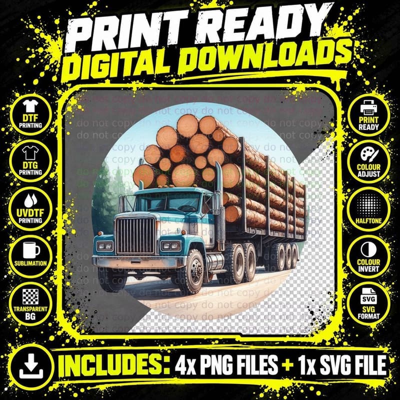 White Semi Truck Logs Log Load Cargo Rural T-Shirt Png SVG Digital Bundle