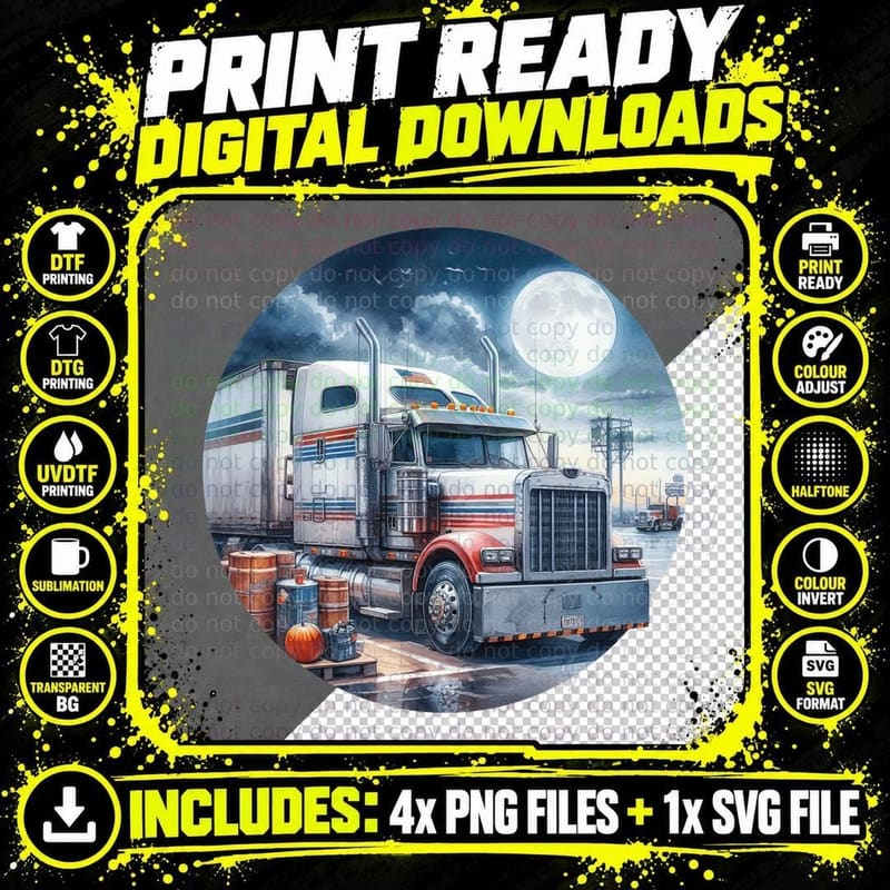 White Semi Truck Stripe Red Moon Night T-Shirt Png SVG Digital Bundle