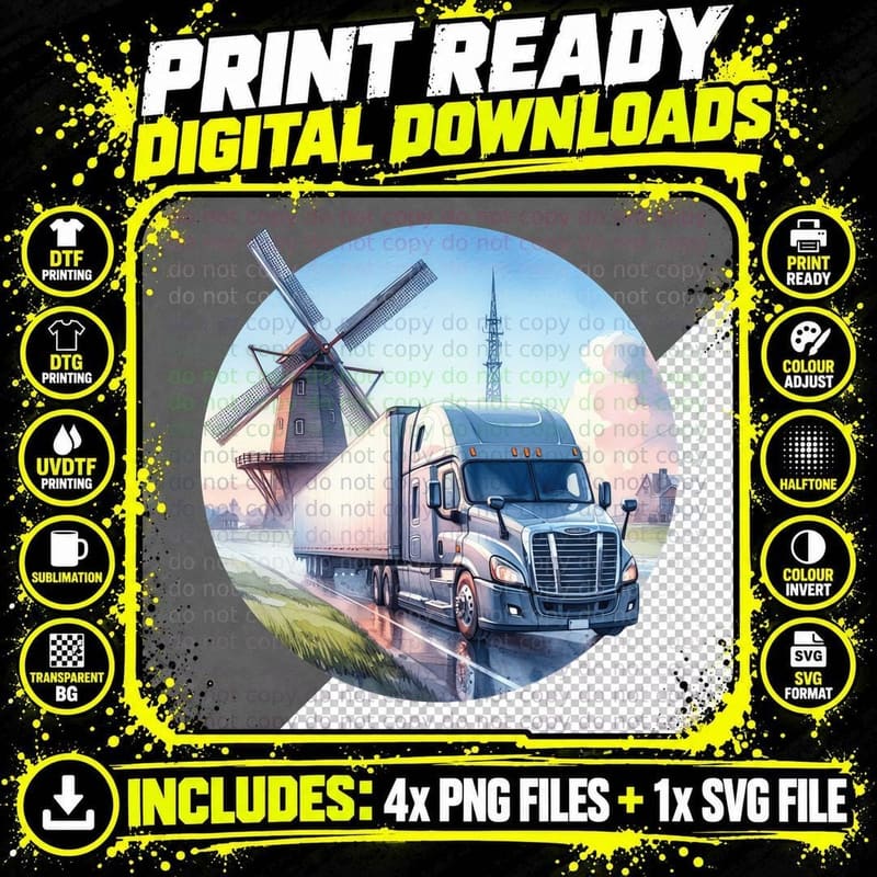 White Semi Truck Windmill Dutch Pastoral T-Shirt Png SVG Digital Bundle