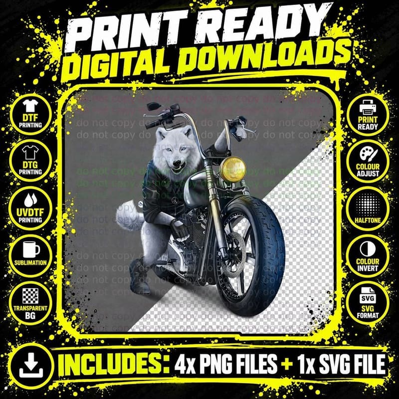 Wolf Riding Chopper Motorcycle in Full Moon T-Shirt Png SVG Digital Bundle