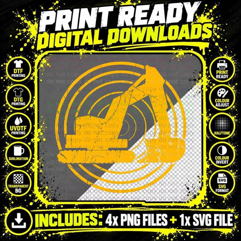 Yellow Excavator Heavy Equipment Operator Truck Lover Png SVG Digital Bundle
