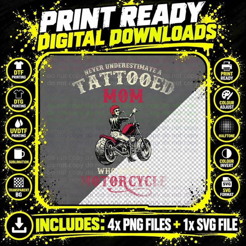 A Tattooed Mom Who Rides a Motorcycle Inked Women Gift Png SVG Digital Bundle