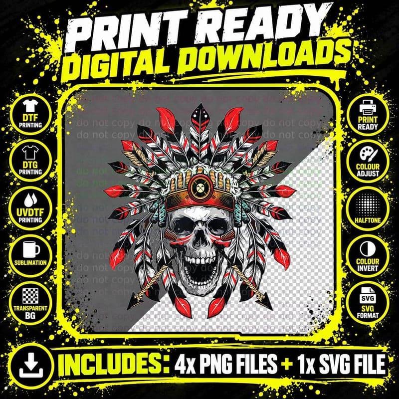 American Indian Skull Native Eagle Chief Vintage Png SVG Digital Bundle