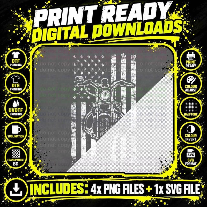 American Motorcycle Patriotic US Flag Cool Biker T-Shirt Png SVG Digital Bundle