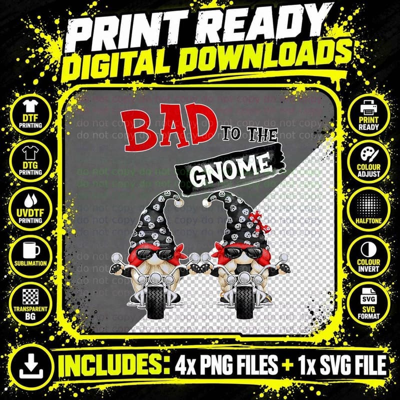 Bad to Gnome Motorcycle Biker Gnomie T-Shirt Png SVG Digital Bundle