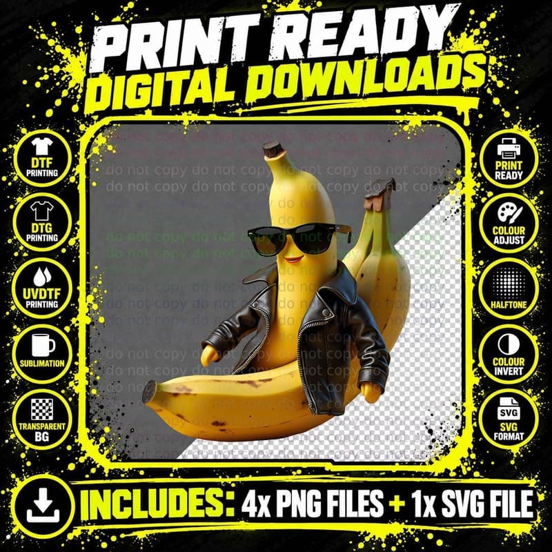 Banana Biker with a Leather Jacket T-Shirt Png SVG Digital Bundle
