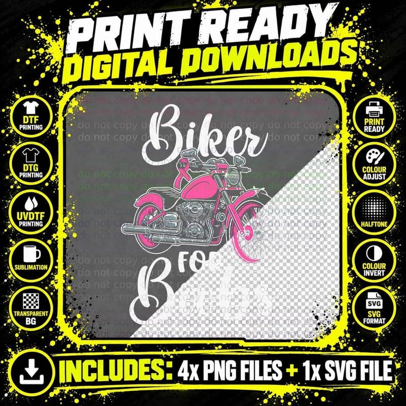 Biker Boobs Pink Motorcycle Breast Cancer Awareness Png SVG Digital Bundle