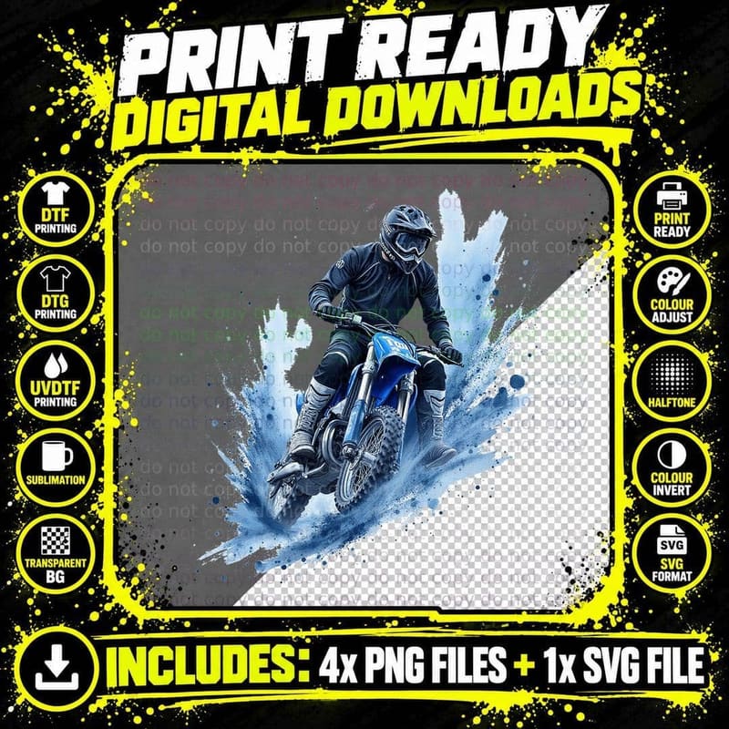 Blue Motocross Rider Jumping Dirt Bike Off-Road Png SVG Digital Bundle