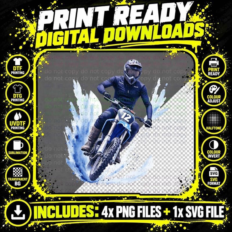 Blue Motocross Rider Jumping Dirt Bike Off-Road Png SVG Digital Bundle