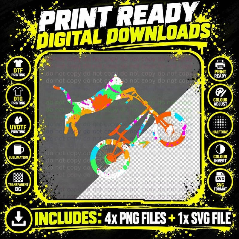 Cat Bike Kitten Riding BMX Bicycle Stunt Biker Rider Png SVG Digital Bundle