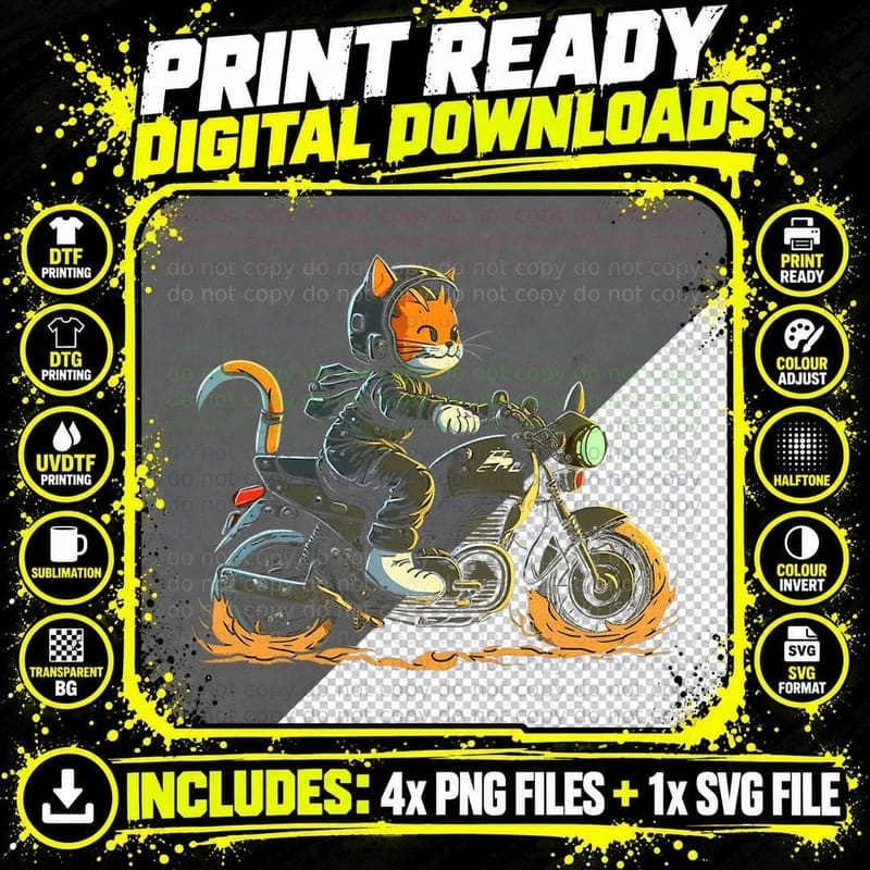 Cat Rides Motorcycle T-Shirt, Biker Kitty Kitten Png SVG Digital Bundle