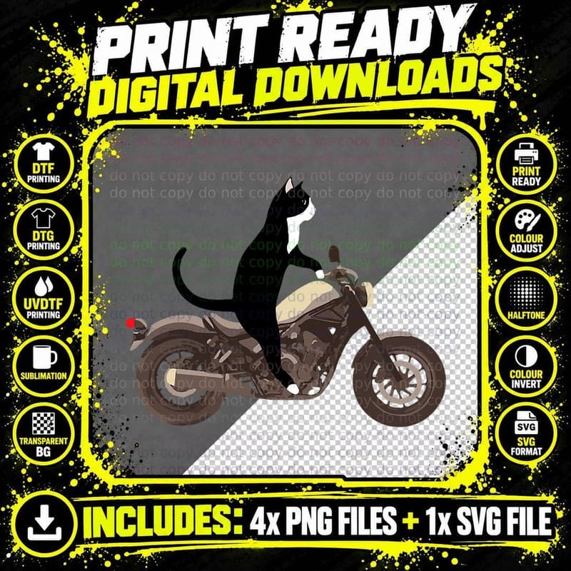 Cat on a Motorcycle Funny T-Shirt, Pet Lover Apparel Png SVG Digital Bundle