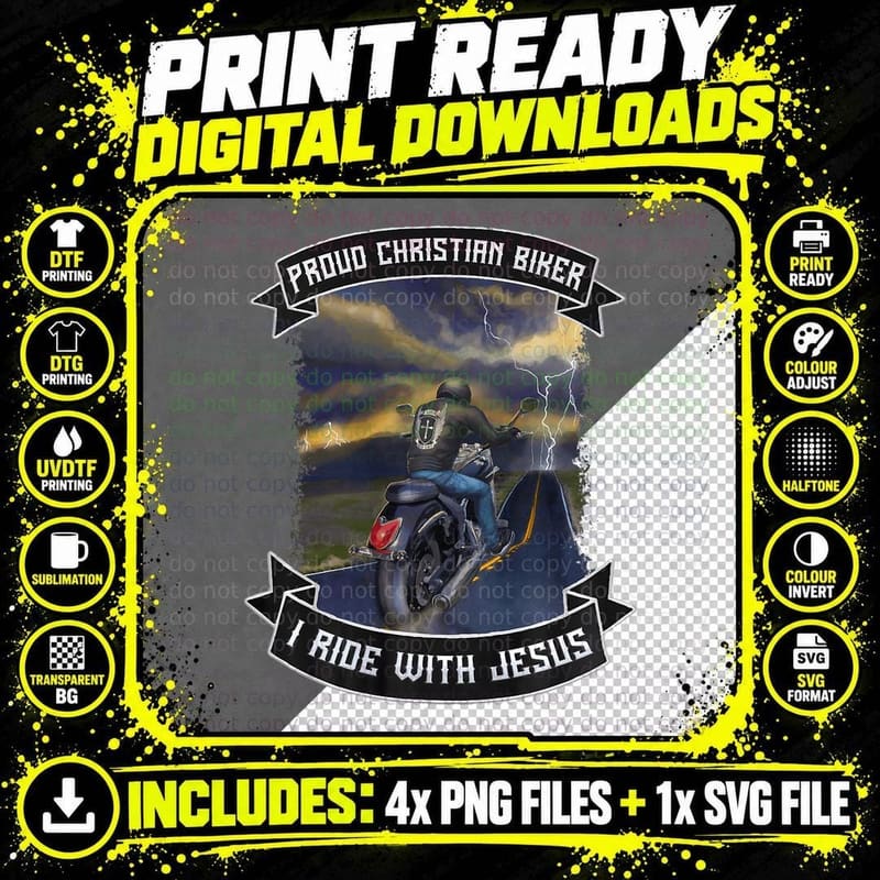 Christian Biker Gift Idea I Ride with Jesus Motorcycle Png SVG Digital Bundle