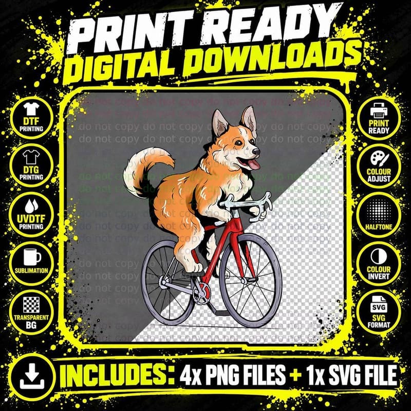 Corgi Riding Bicycle Cute Biker Cyclist T-Shirt Png SVG Digital Bundle
