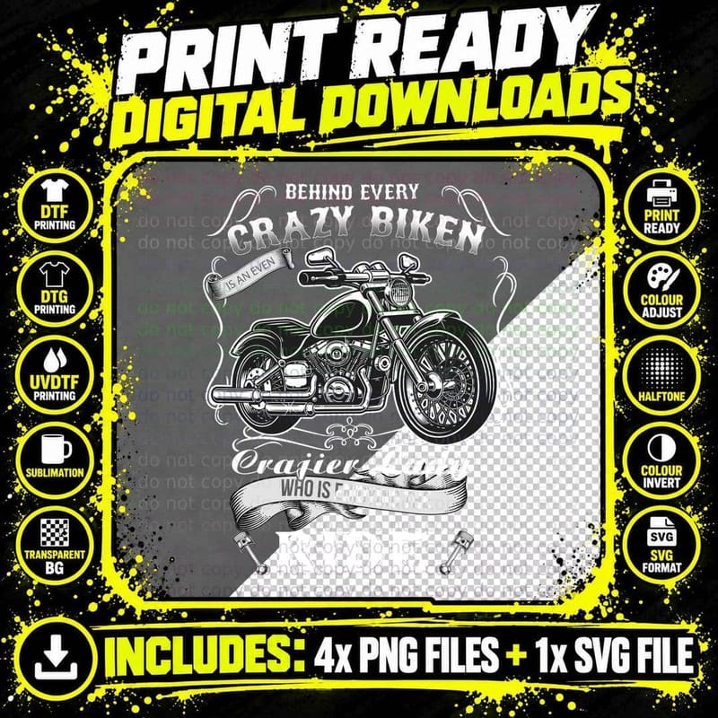 Crazy Biker T-Shirt, Vintage Motorcycle Style Png SVG Digital Bundle