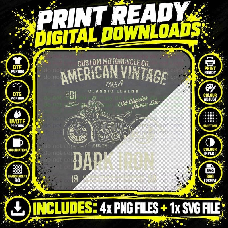 Dark Iron Custom Motorcycle Co. 1958 Classic Vintage Png SVG Digital Bundle
