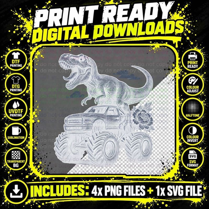 Dinosaur Driving Monster Truck, Pencil Drawing Png SVG Digital Bundle