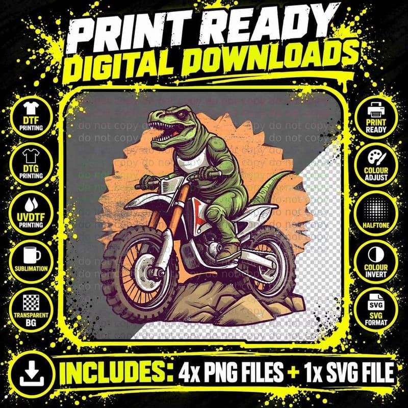 Dinosaur on Dirt Bike T-Rex Motorcycle Riding T-Shirt Png SVG Digital Bundle