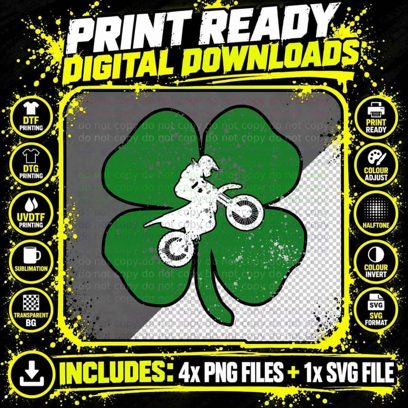 Dirt Bike Racer St Patrick's Day Clover Motorcycle Png SVG Digital Bundle