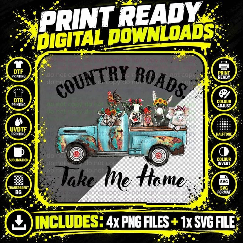 Farm Pickup Truck with Animals Country Roads Take Me Png SVG Digital Bundle