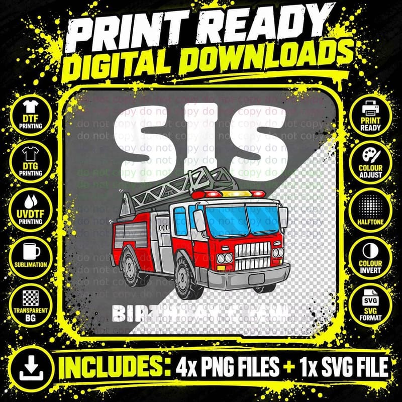 Fire Truck Birthday T-Shirt, Firefighter Party Crew Png SVG Digital Bundle
